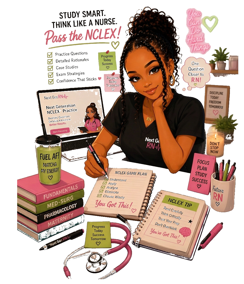 Nursing student studying for the NCLEX with Next Gen RN practice questions, cram sheets and study plan